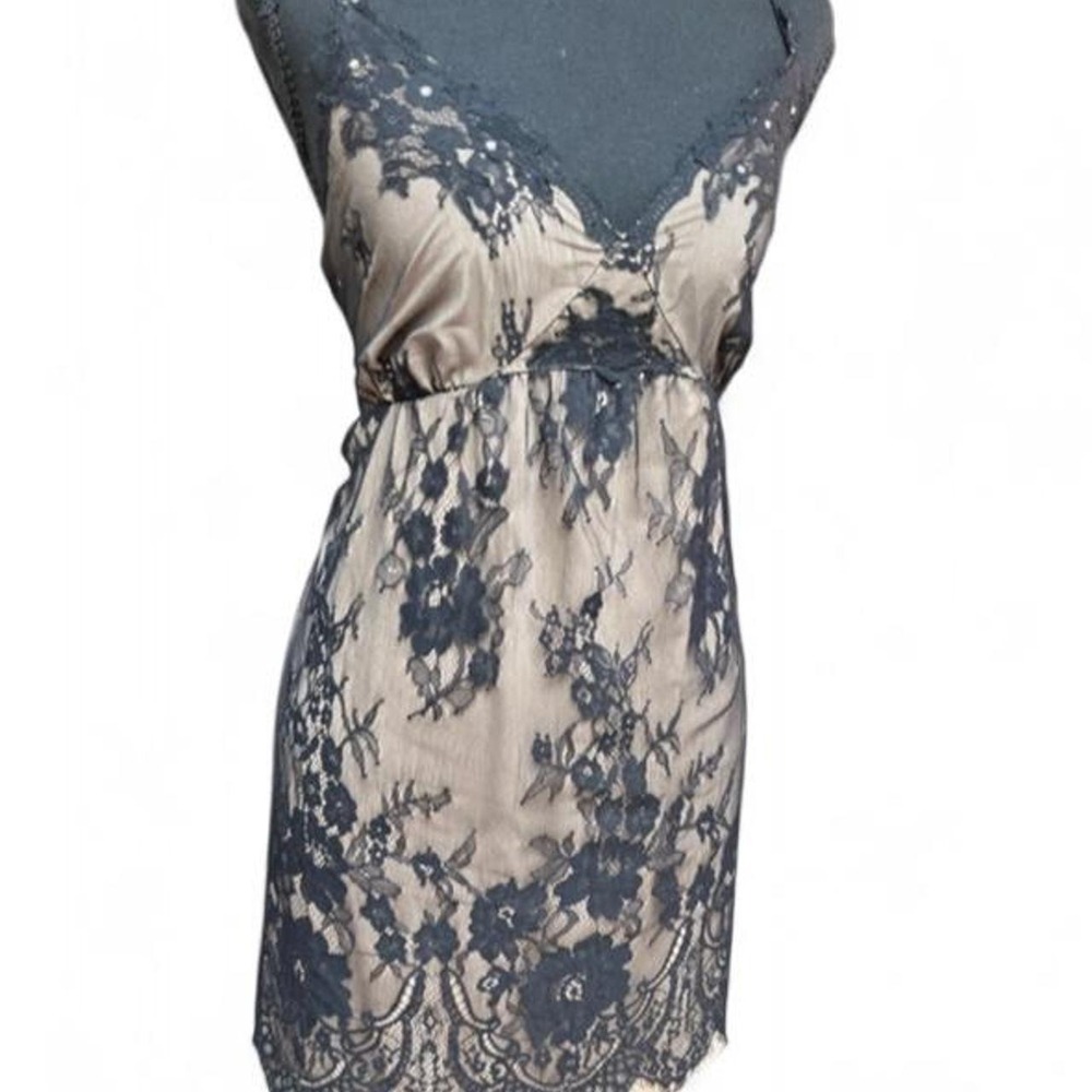 Soma Black Floral Lace Chemise Nude Lining Sequins Slip Dress Large